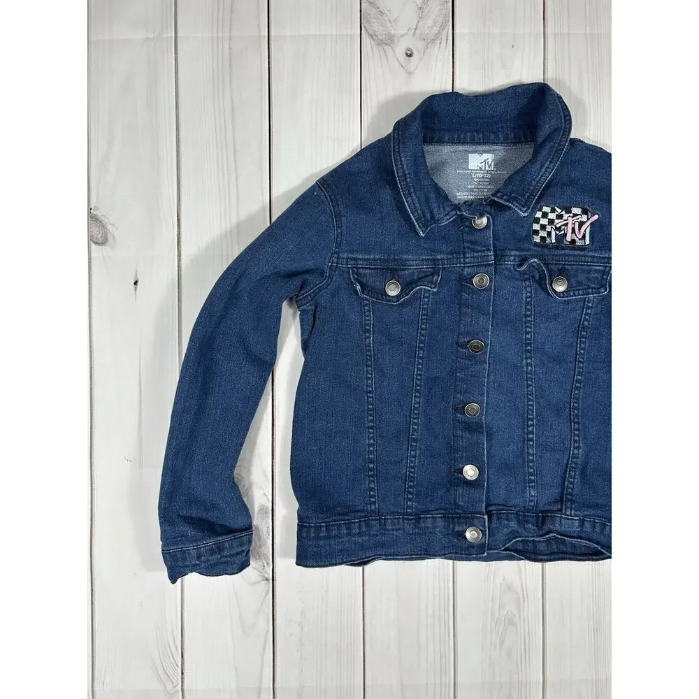 MTV Music Television Denim Jacket Girl's Large (10-12) Sewn Patch Button Down